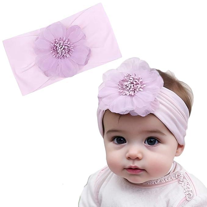 Large Flower Elastic headband for Baby Girl Infant Soft Fabric Chiffon Floral Hairband Toddler Newborn Christening Baptism Hair Accessories (Flower 2 - Purple, Elastic)