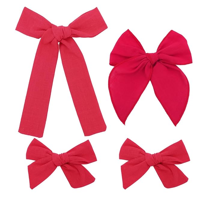 3 Styles Hair Bow Clips for Little Girls Toddler Baby Mom Women Hair Barrettes Accessories 4 Pcs Cotton Linen Bows Red