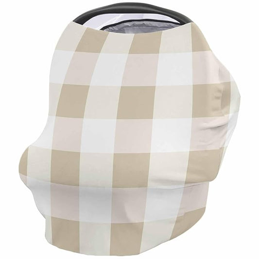 Beige White Plaid Car Seat Covers for Babies, Modern Geometric Checkered Lattice Nursing Breastfeeding Covers Stretchy Breathable Baby Carseat Canopy Cover for Girls and Boys Shower Gifts