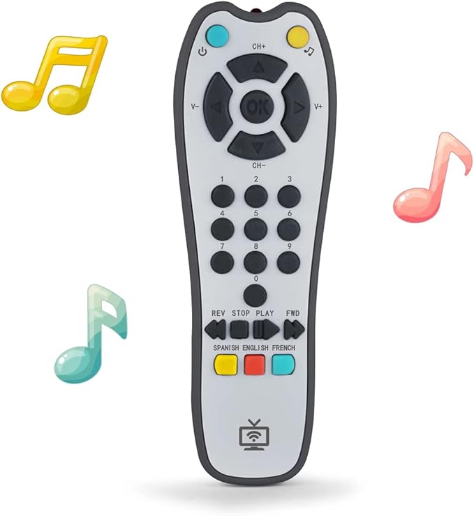 Kids Musical TV Remote Control Toy with Soft Light and Sound, Adjustable Volume Early Education Learning Remote Toy with English,French,Spanish Gift Toy for 6 Months+ Toddlers Boys or Girls