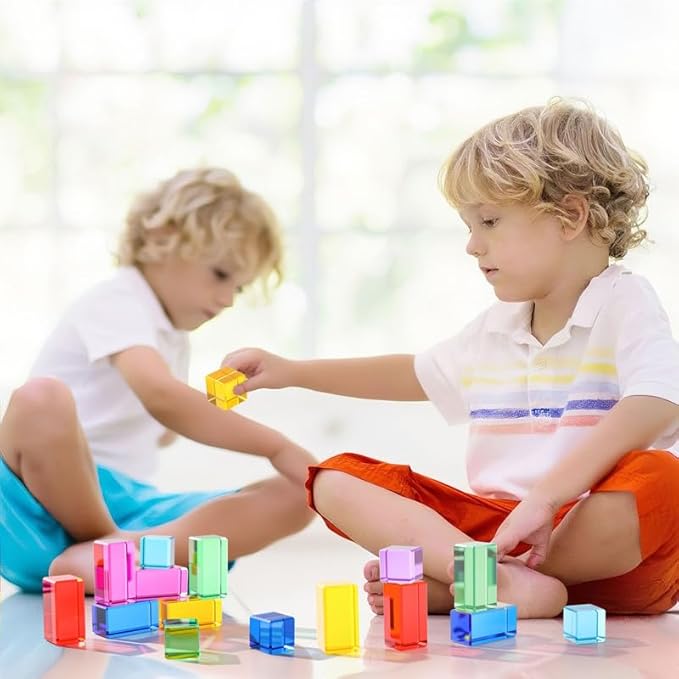 Meooeck 20 Pcs Acrylic Gem Cubes Blocks for Kids Translucent Rainbow Building Blocks Crystal Light Shadow Stacking Toys for School Education Training Learning(2 Sizes)