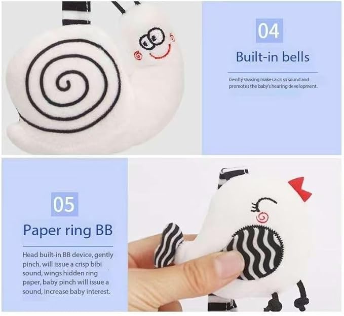 Car Seat Toys for Babies 0-6 Months, Baby Sensory Interaction Cartoon Toys with Bells_Black and White High Contrast Baby Toy Hanging or Wrapping Around The Infant Bed or Strollea03 ﻿