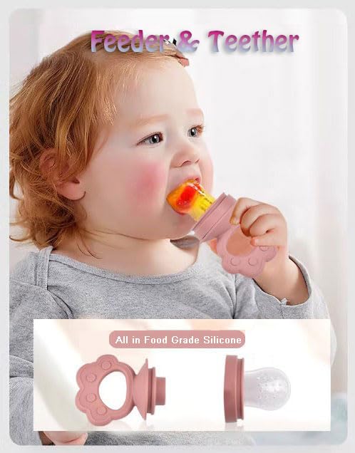 Ginbear Silicone Baby Fruit Food Feeder & Freezer Tray (Set of 2), Infant Teething Feeder Pacifiers with Popsicle Molds Combo 4 Months+ (Mauve/Baby Pink)