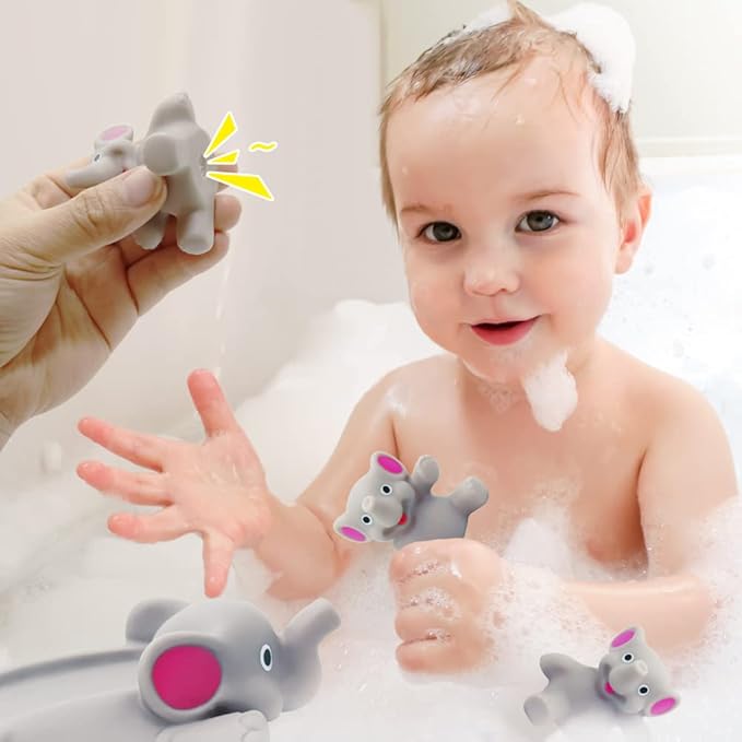 Bath Toys for Toddlers Infants 6 Months+, Floating Bathtub Elephant Toys Squeak Rubber Animal 4 Piece Set, Pool Beach Party Gift for Kids Boys Girls Water Fun and Shower Time