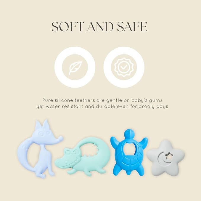 Dodo Babies Baby Shower Gifts - Teething Toy & Pacifier Clip Set - 6-Piece Multicolor Silicone - Pacifier Clip, Baby Teether & Binky Holder - Universal Leash & Water-Resistant Case