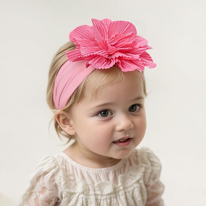 Large Flower Elastic headband for Baby Girl Infant Soft Fabric Chiffon Floral Hairband Toddler Newborn Christening Baptism Hair Accessories (Flower 1 - Rose Pink, Elastic)