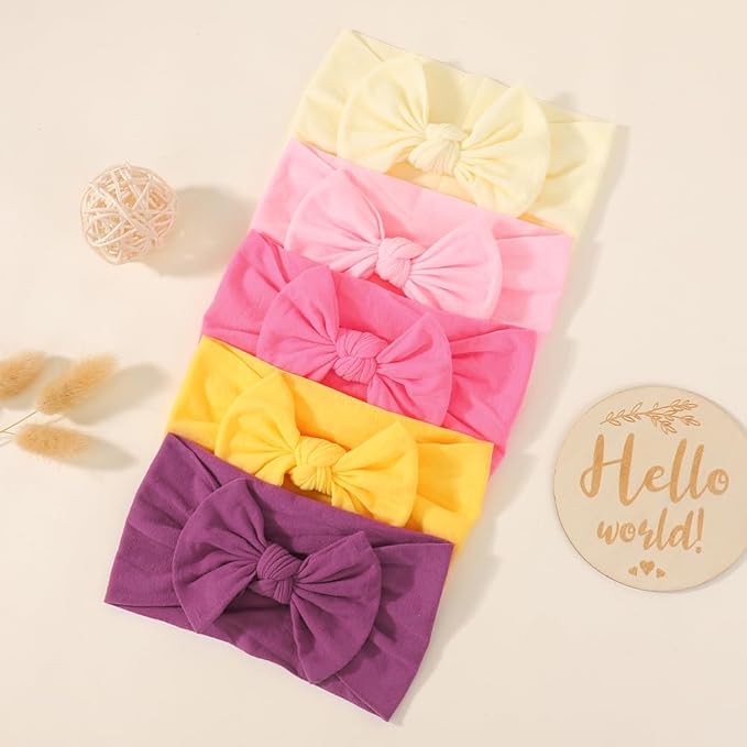 5Pcs Nylon Baby Bow Headbands, Soft Stretchy Hairbands with Bow for Newborns, Infants & Toddlers
