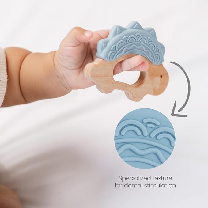 Baby Must Haves – Baby Teething Toys and Teether for Soothing Relief – Perfect for Teething Toys 3-6 Months and Shower Gifts – Soft, BPA-Free, Ergonomic Dinosaur Wood Design.