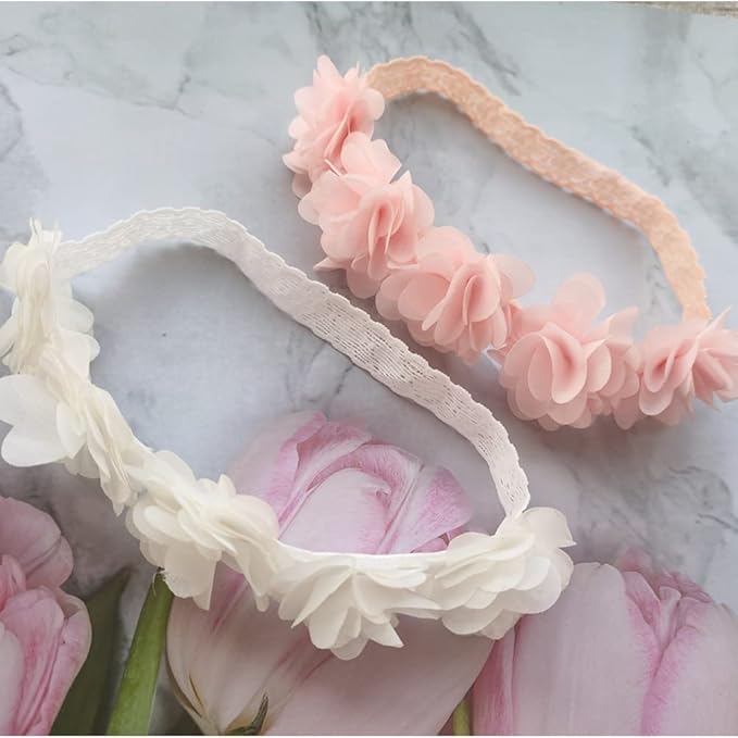 Jilukibo Baby Elastic Lace Bows Flower Headbands, Stretch Gold Princess Floral Hair Band Headwear for Infant Girls Toddler Hair Accessories (2 Pack, White Pink)