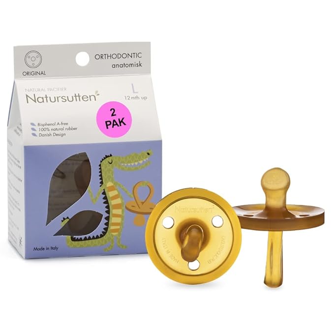 Natursutten 2-Pack Natural Rubber Pacifiers - Safe & Soft BPA-Free Pacifier for Breastfeeding Babies, Made in Italy, Original Shield Orthodontic Nipple, 12-18 Months