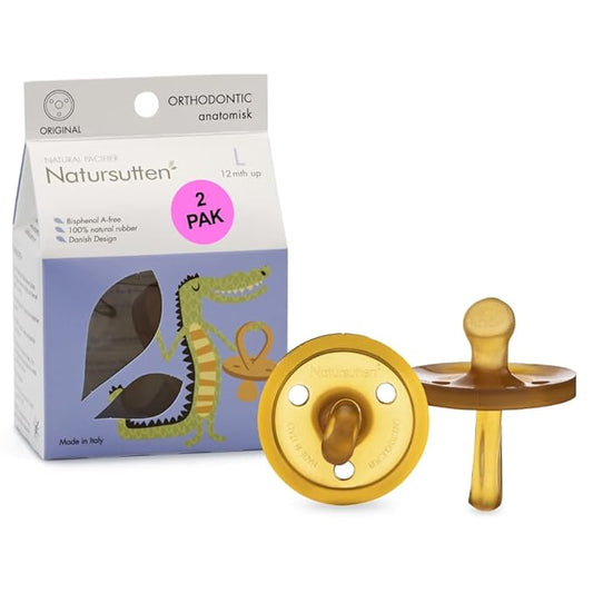 Natursutten 2-Pack Natural Rubber Pacifiers - Safe & Soft BPA-Free Pacifier for Breastfeeding Babies, Made in Italy, Original Shield Orthodontic Nipple, 12-18 Months