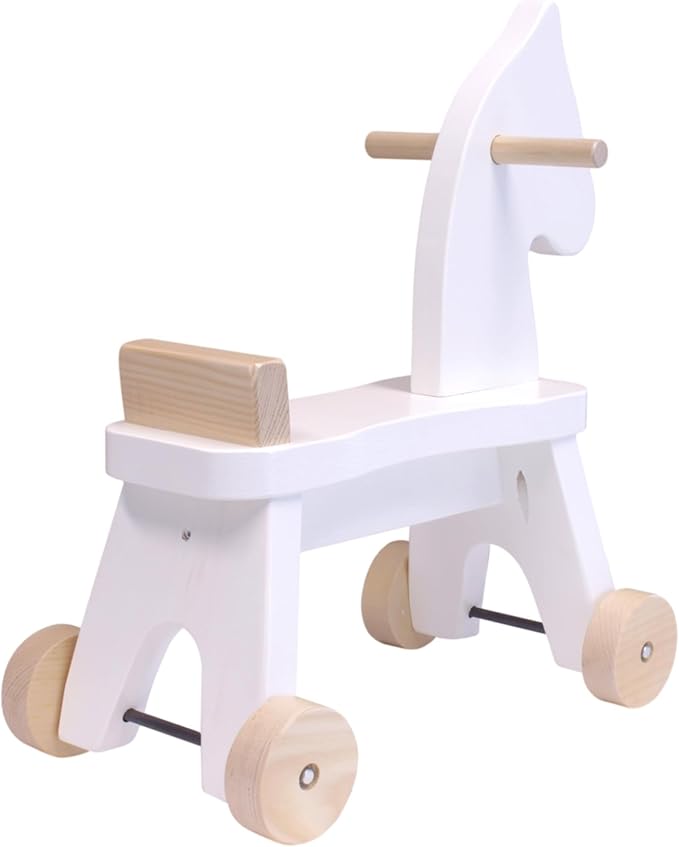 AmishToyBox.com Wooden Riding Horse Toddler Ride-on Toy (White and Natural Stain), Amish-Made