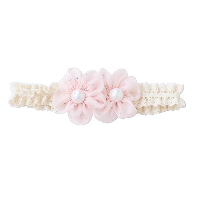 Baby Girls Hairbands Lace Flowers Headband Handmade Soft Stretchy Colorful Flower Hairband Newborn Headbands with Pearls Elastic Hairbands for Infant Head Band (Two Pink Flowers and Pearls)