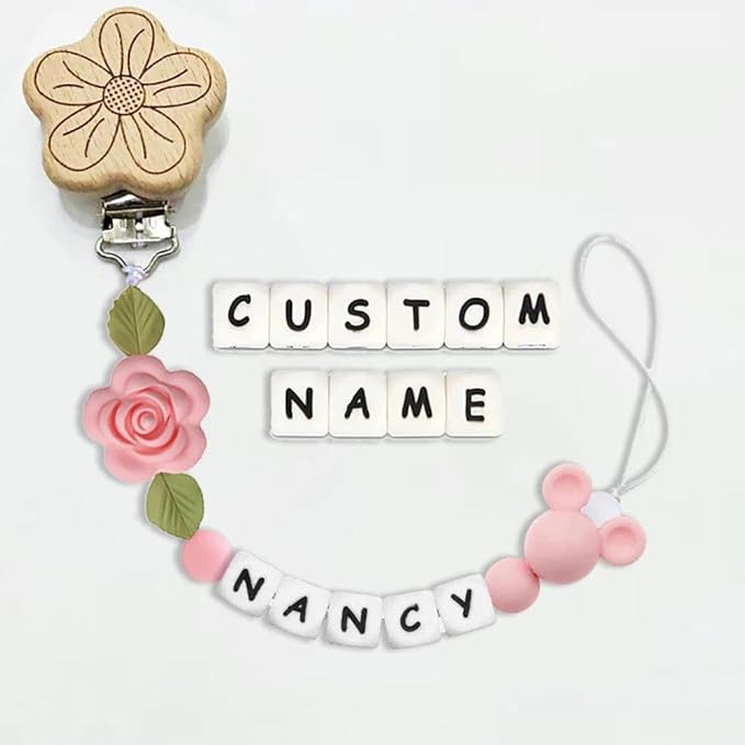 Personalized Baby Name Pacifier Clip Dummy Soother Pacifier Flower Clip Holder Strap Chain Gift (Flower 1)