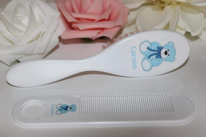 Personalized Gift - Personalized Baby Brush & Comb Set, Any Name, Soft Nylon Bristles, Blue Teddy Bear Design or Design Your own. Same Day Dispatch.
