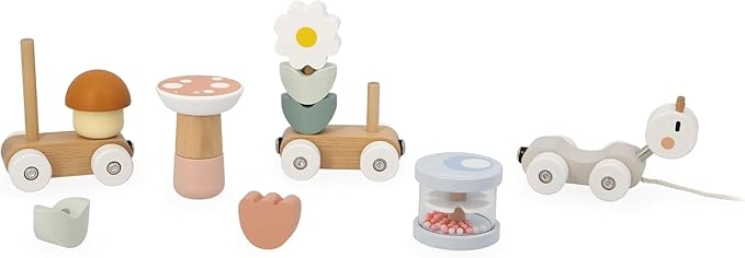 Janod Snail Train - 2 Wagons and 10 Pieces Including Removable Rattle - Pull Toy - Wood and Water Painting - Develop Fine Motor Skills - from 12 Months, J04010, Multi-Coloured
