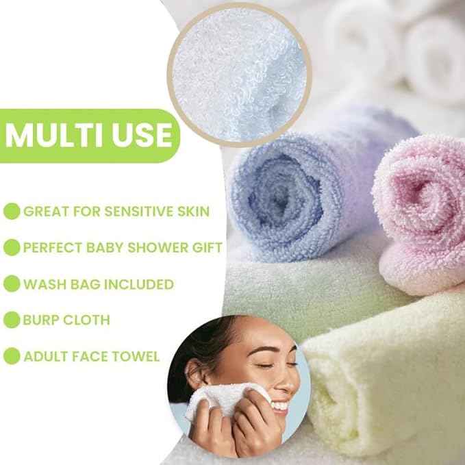 elves Bamboo Viscose Washcloth Baby Set of 6 - Ultra Soft Wash Cloths for Face and Body - Small Face Towel for Baby Girl (White&Pink)