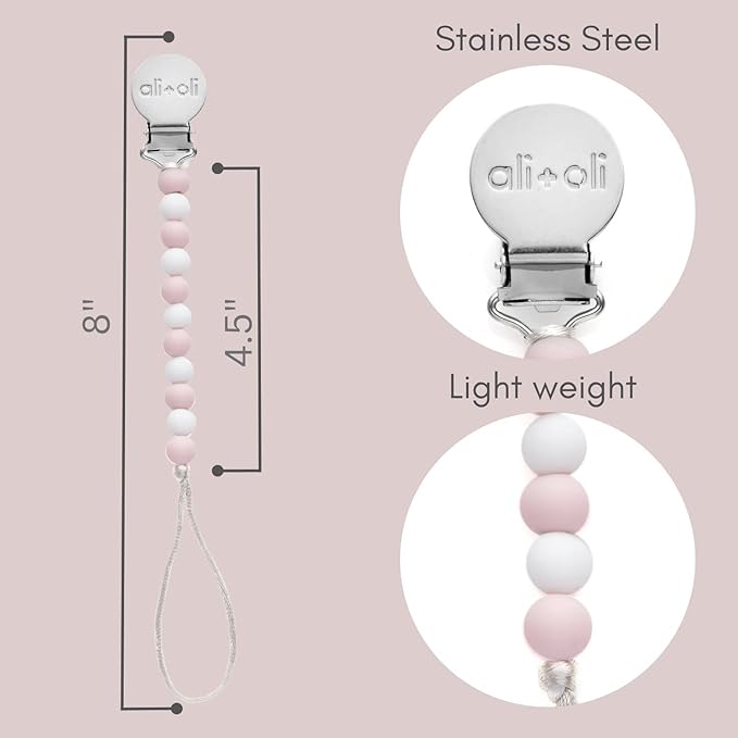 Ali+Oli Silicone Pacifier Clip for Baby (Thin Pink) 100% Food-Grade BPA Free Newborn Pacifier Holder Infant Binky Clip for Baby for Baby Boy or Girl
