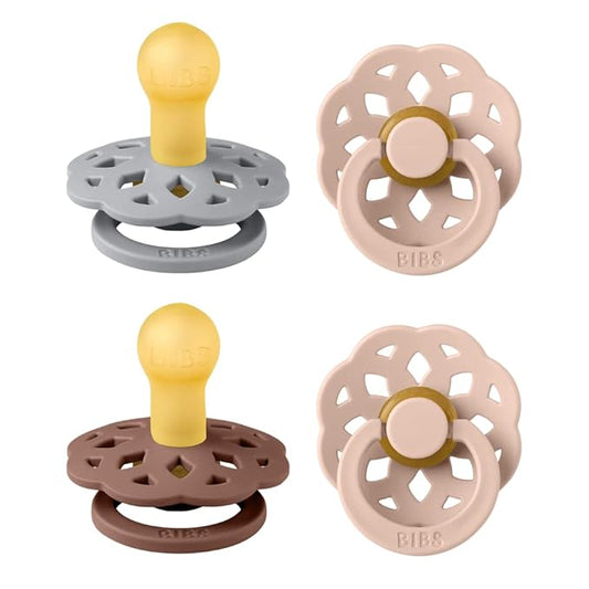BIBS Boheme Soother 4-Pack | BPA Free Dummy Pacifier | Round Nipple | Natural Rubber Latex | Made in Denmark | Size 0-6 Months | Woodchuck Mix
