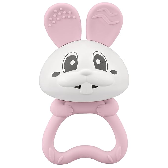 Baby's First Toy with Rattle, Easter Gifts for Babies 3 Months+, Mombella Bunny Baby Teether Toys, Easter Basket Stuffers Baby Teething Toys with Clip to Attach, Baby Chew Toys 6-12 Months, Pink