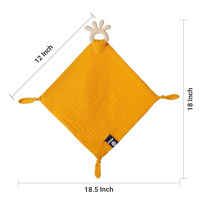 Baby Muslin Security Blanket with Food Grade Silionce Teether,Soothe Teething Toy for Boys and Girls,100% Polyester (Yellow)