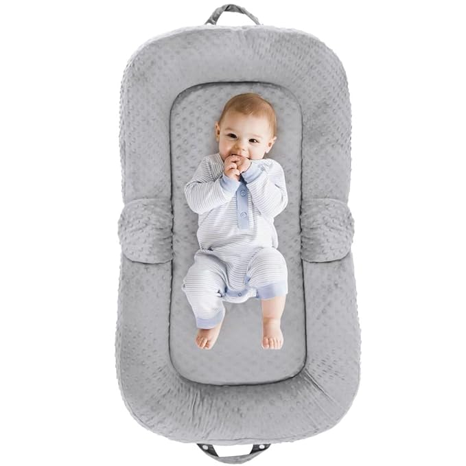 Baby Lounger for Newborn,0-12 Months,Foldable Soft Infant Lounger Pillow for Home and Travel, Baby Nest Lounger with Cover,Multi-Use Portable Baby Lounger for Supervised Play&Tummy Time, Grey