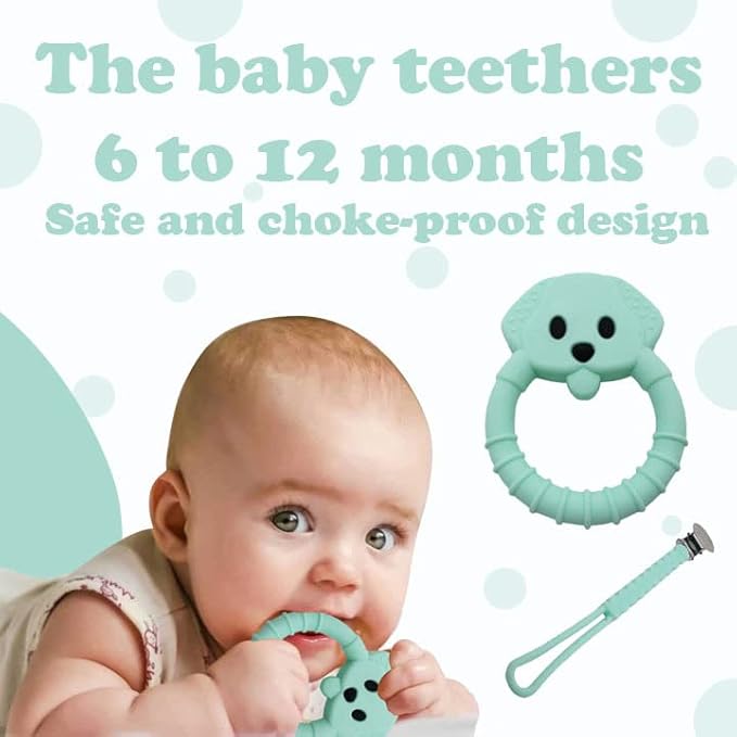 Gadgetime USA Baby Teething Toy Set - Includes Green Pacifier Clip & Bear Teether - Silicone Chew Toys for Infants Newborns - BPA Free Freezer Safe