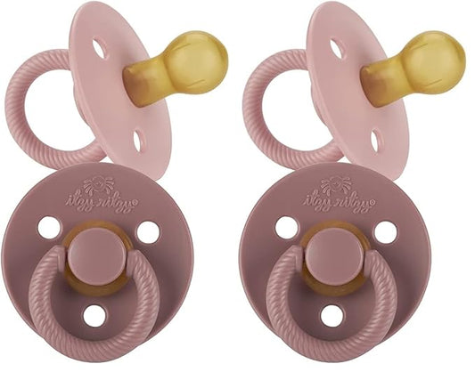 Itzy Ritzy Natural Rubber Newborn Pacifiers – Baby Pacifiers with Cherry-Shaped Nipple & Large Air Holes for Added Safety; Binkies in Blossom & Rosewood (Ages 0 – 6 Months) (Pack of 2)