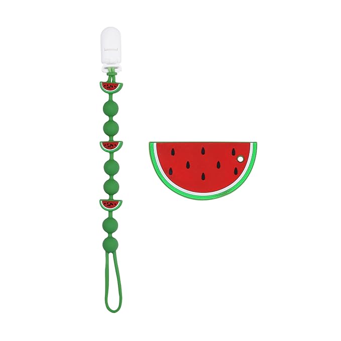 Cute Animal Baby Food Grade Silicone Teether Toy with One Piece Design Pacifier Clip Holder,Teething Pain Relief Toys Gift Set for 3 Months+ Boys and Girls,Freezer Safe,BPA Free (Watermelon)
