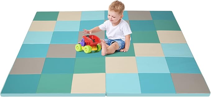 OLAKIDS Baby Foam Play Mat, Foldable 58'' x 58'' Toddler Collapsible Crawl Floor Mat, Waterproof Soft Thick Patchwork Play Mat for Kids Gym Nursery Playroom (Blue)