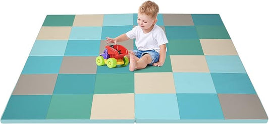 OLAKIDS Baby Foam Play Mat, Foldable 58'' x 58'' Toddler Collapsible Crawl Floor Mat, Waterproof Soft Thick Patchwork Play Mat for Kids Gym Nursery Playroom (Blue)