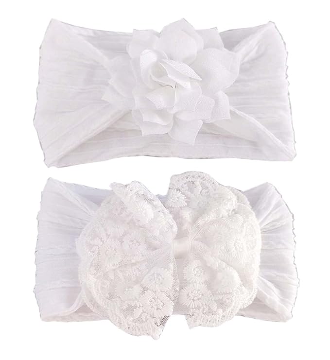 Baby Baptism Headband Lace Bow Headband Christening Headbands with Pearls TSFD30 (White Set)