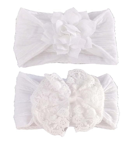 Baby Baptism Headband Lace Bow Headband Christening Headbands with Pearls TSFD30 (White Set)