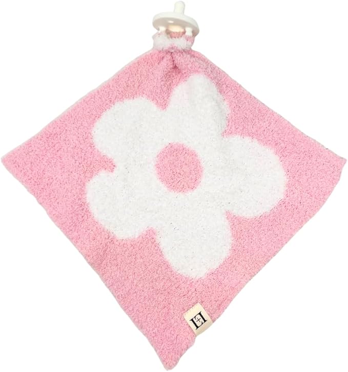 L+L USA Retro Flower Baby Lovey Pacifier/Teether Holder 10"x10" - DreamSoft Plush Fluffy Cuddly Soothie Reversible Mini Comfort Blanket - Cute Newborn Gift Essential Babies Boys Girls (Pink/White)
