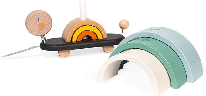 Janod - Sweet Cocoon Wooden Rainbow Turtle Stacking and Pull Toy 7 Piece Building and Nesting Stack with 6 Pastel Arches, Wobbling Head and Tail and String - Ages 18 Months+ - J0440