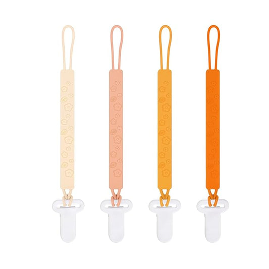 One Piece Design Silicone Pacifier Clip Holder for Baby Boys and Girls,Pack of 4 Flexible Paci Leash,Binky Clips,Newborn Essentials (Flowers & Leaves, Yellow)