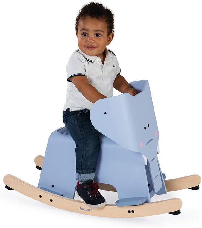 Janod Rocking Elephant – Classic Wood Rocker Ride-On Toy - Ages 1+ - J08024