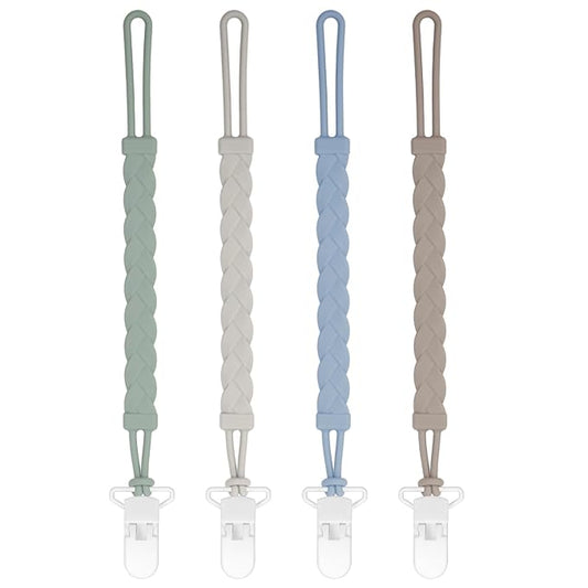 Stylish Silicone Pacifier Clips, 4-Pack Pacifier Holder with Flexible Woven Rope Design, 100% Food Grade Silicone, Easter Safe Essentials for Newborns Baby Boys and Girls