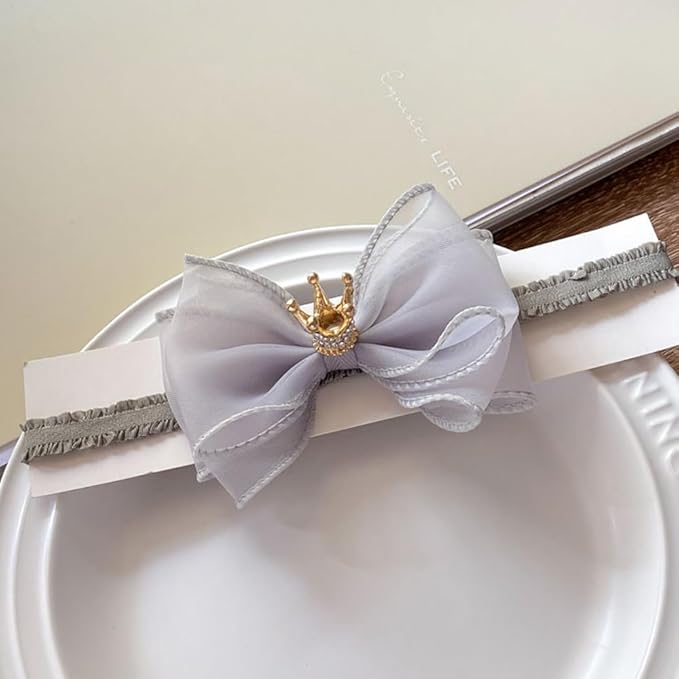 Cute Baby Girl Headband with Lace Bow and Crown Elastic Lace Bow Hair Band Newborn to Toddler Hair Accessory Shower Birthday Party Gift (Gray, Free)