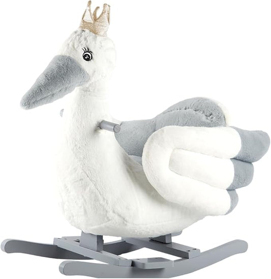 Rock My Baby Rocking Horse, Rocking Horse for Toddlers 1-3, Plush Rocking Horse with Seat, Wooden Gray Stork Ride-On Toy, (Gray Stork Bird), CPC Certified