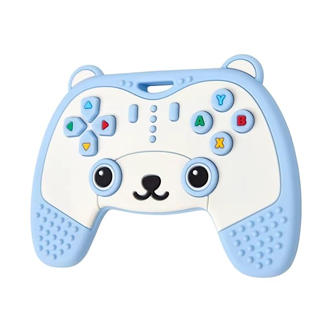 Baby Teething Toy, Soft TV Remote and Game Controller Shape Chew Set, Educational Toy for Intellectual Development, Safe Silicone for Toddler and Infant (Blue (Panda Handle + Lion Remote Control))
