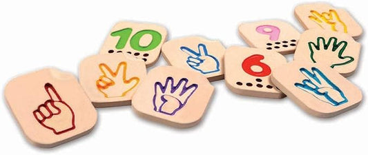 PlanToys® Hand Sign Numbers 1–10 Wooden Montessori Counting Toy | Early Math, Sensory Learning and Tactile Number Recognition Activity | Eco Friendly Sign Language Tiles for Meaningful Play