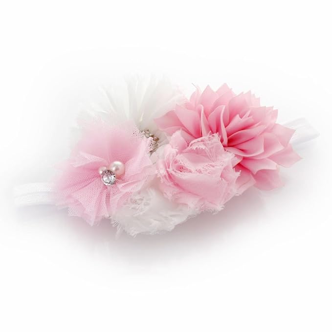 My Lello Headband Shabby Fabric Flower Cluster Baby - Infant - Toddler - Girl Stretchy Elastic Light Pink/White