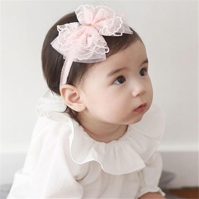Lace Flower Bow Baby Girls Headband Pink Knot Infant Wrap Soft Chiffon Elastic Baby Turban Hair Band for Newborn Infant Toddler Kids (Pink D)