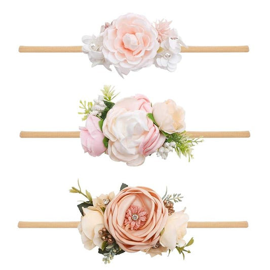 cherrboll 3pcs Baby Girl Flower Headbands, Super Soft & Stretchy Nylon Floral Hairbands for Newborn Toddler