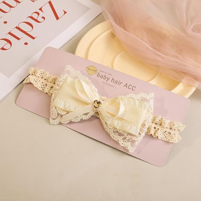Baby Girl Bows Lace Headband Soft Cotton Tulle Hair Band Princess Infant Head Wrap Turban Ribbon Bow-knot Elastic Hair Accessory for Newborn Infant Toddler (Off white, Standard size)