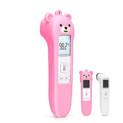 Cute Bear Silicone Thermometer Case Compatible with GoodBaby No-Touch Thermometer, Soft Anti-Drop Protective Cartoon Animal Cover Helps Calm Babies During Temperature Checks - Pink