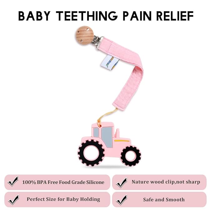 Baby Food Grade Silicone Tractor Car Teether Toy with Pacifier clip Holder,Teething Pain Relief Toys Gift Set for 3 Months+ Boys and Girls,Freezer Safe,BPA Free (Pink)