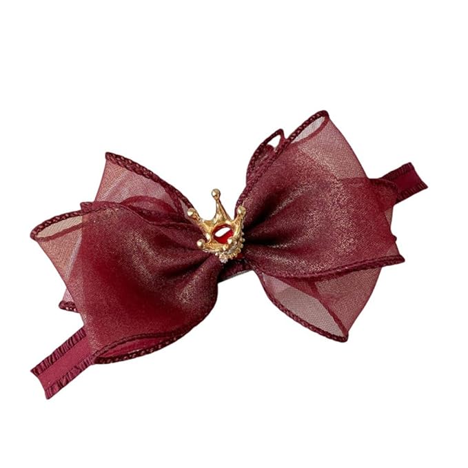 Cute Baby Girl Headband with Lace Bow and Crown Elastic Lace Bow Hair Band Newborn to Toddler Hair Accessory Shower Birthday Party Gift (Dark red, Free)