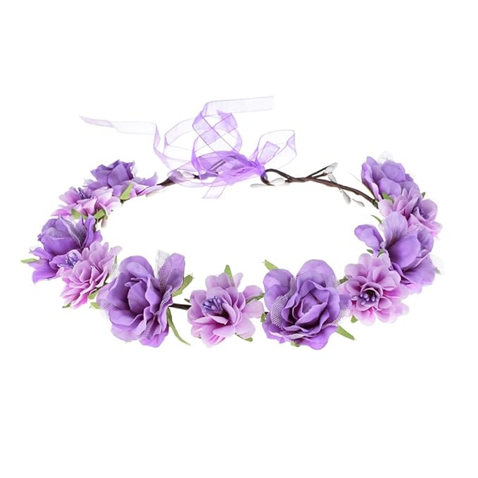 AKOAK 1 Pack Flower Crown, Bohemian Wreath for Girls Floral Tiara, Wedding Headband, Bride Bohemian Wreath/Baby Shower/Photo/Toddler (Purple)